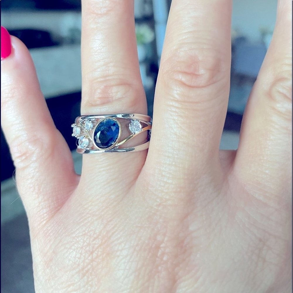 New Two Tone 925 Silver/18k Gold Blue Sapphire Diamond Ring - Picture 3 of 4